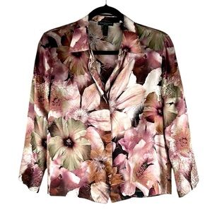 Samantha Chang 100% Silk Gray & Purple Floral Business Career Top Size Small